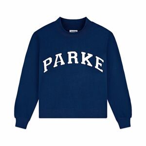 PARKE Denim White Navy Blue Mockneck Pullover Sweatshirt Logo Cotton Blend L/XL
